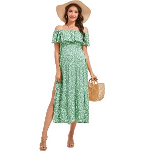Coolmee Women  Summer Maternity Maxi Dress Ruffle Floral Off Shoulder Short Sleeve Flounce Bodice Slit Hem Beach Dresses - 1 of 1