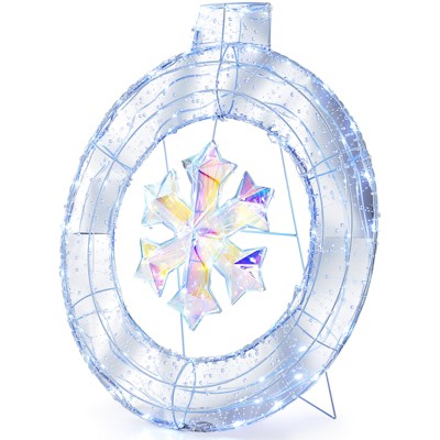 Tangkula 33" Lighted Snowflake Wreath Christmas Wreath w/Hanging Ring & Support Bracket 128 Cold White LED Bulbs Festive Decoration