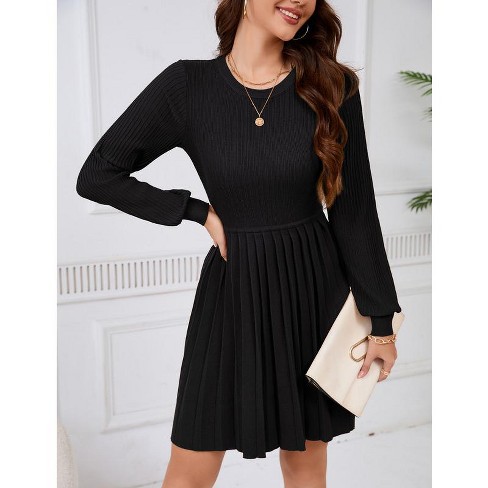 Missky Womens Long Sleeve Mini Dress Fall Ribbed Knit Crew Neck Pleated Swing Casual Sweater Dresses Target