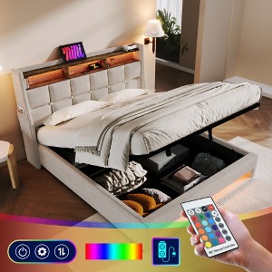 Queen Size Upholstered Platform Bed with Hydraulic Storage System, LED, and USB Charging for Bedroom or Apartment - 1 of 4