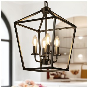 YANSUN 8 in. Black 4-Light Geometric Open Cage Pendant Chandelier, Dining Room and House Foyer Lighting - 1 of 4