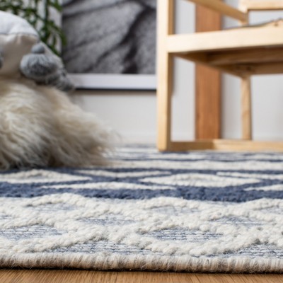 Handwoven Blue and Ivory Wool Runner Rug