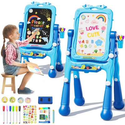 Skirfy 4-in-1 Art Easel for Kids, Double-Sided Rotatable Large Magnetic Chalkboard with Painting Accessories, Toddler Activity Table for Girls