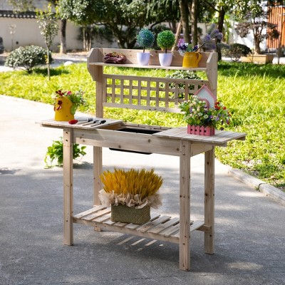 Natural Fir Wood Garden Potting Bench with Hidden Storage