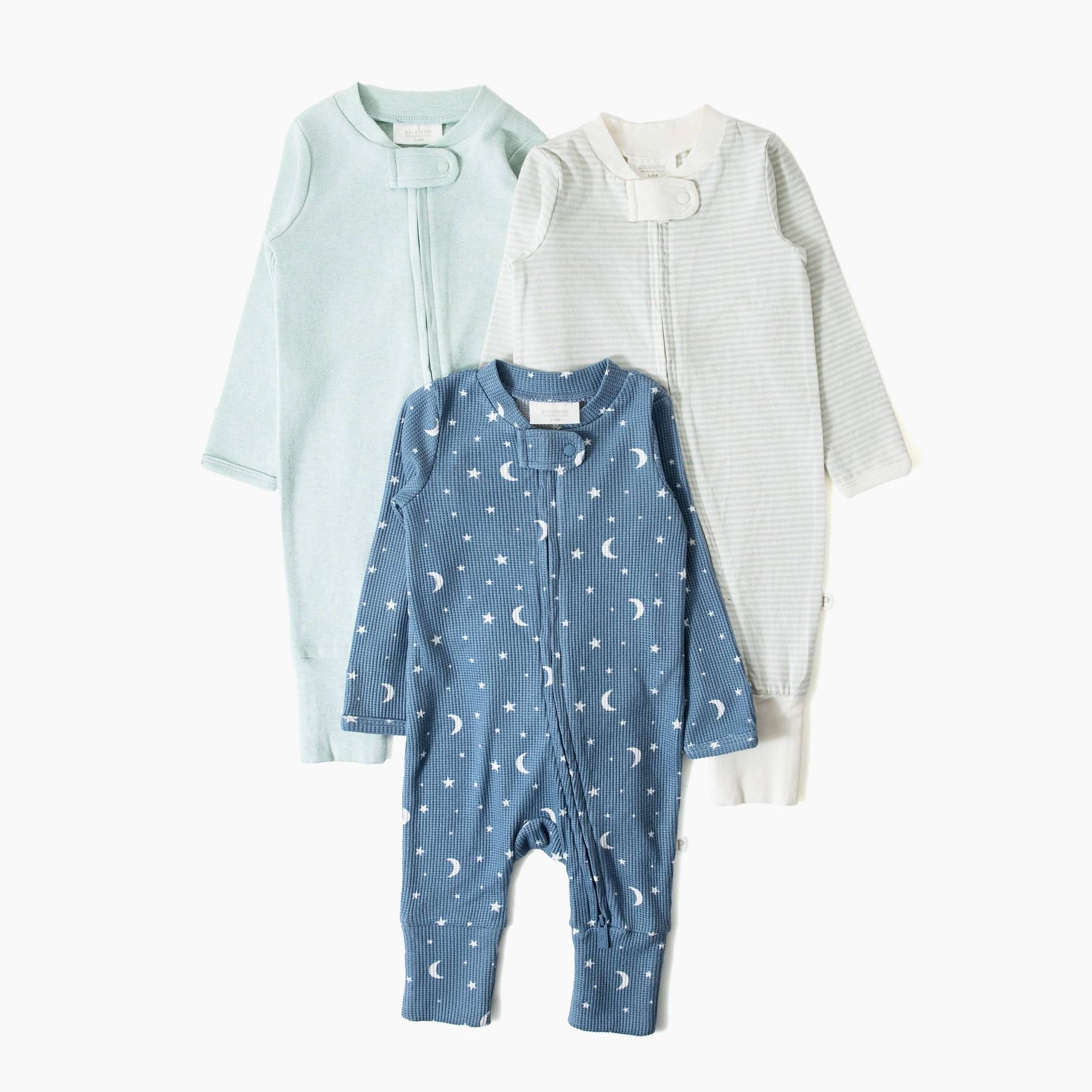 Picolette by Olivia Culpo Baby Boys' 3pk Long Sleeve Pajama Romper fold over footie cuff - Blue