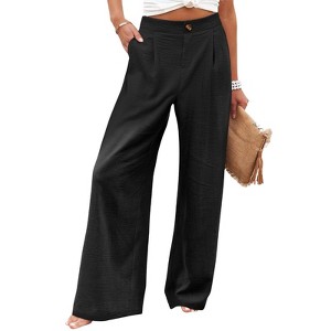 Womens Wide Leg Long Pants Casual Button Up High Elastic Waisted Business Offices Trousers Straight Pants with Pocket - 1 of 4