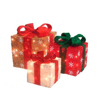 Northlight Set of 3 Lighted Red and Cream Gift Boxes Christmas Outdoor Decorations 10"