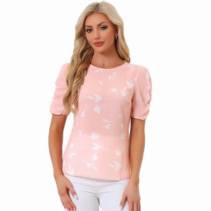 INSPIRE CHIC Women's Floral Summer Crew Neck Casual Shirred Short Sleeve Blouse - 1 of 4