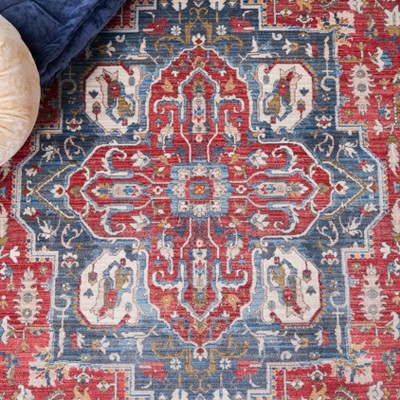 Vintage Red and Blue Floral Synthetic Runner Rug