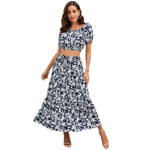 Womens 2 Piece Outfits Summer Floral Skirts Sets Puff Sleeve Elastic Neckline Cropped Tops with Drawstring Flowy Tiered Skirts - 1 of 4