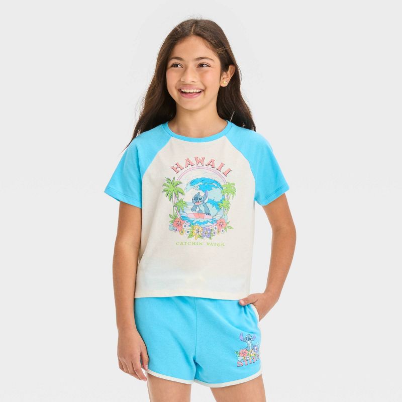 Girls&#39; Disney Stitch 2pc Catching Waves Top and Bottom Set - Turquoise Blue, 3 of 5