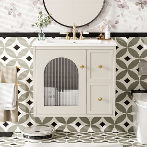 TUYOHW Bathroom Vanity Set Wall Mounted for Small Space, Bathroom Cabinet with Ceramic Sink, 2 Drawers and 1 Soft-Close Door - 1 of 4