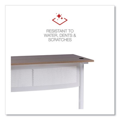 Beigewood and White L-Shaped Writing Desk with Metal Base