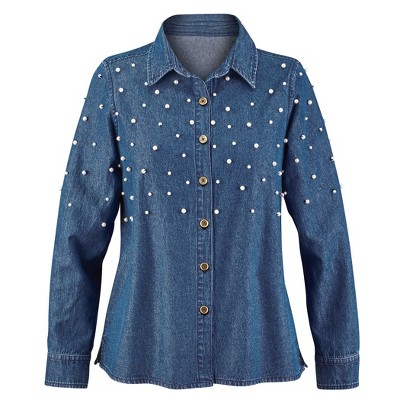 Collections Etc Pearl Embellished Button-Front Long Sleeve Denim Shirt