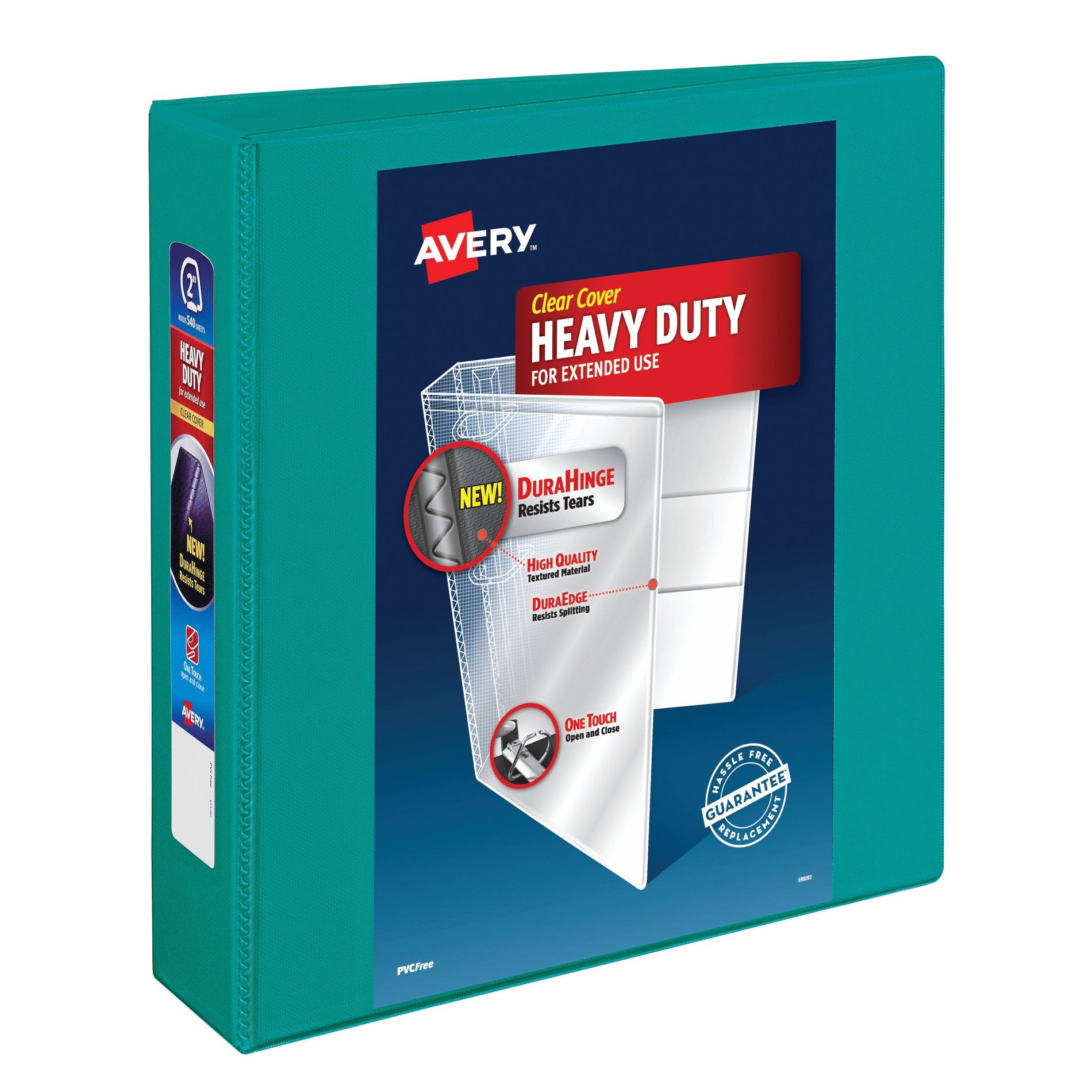 Avery 2" One Touch EZD Rings 540 Sheet Capacity Heavy Duty View Binder - Green: Polypropylene, 4 Pockets, D Rings