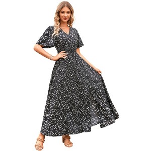 Short Sleeve Bohemian Knee Length Dresses Women Summer Casual Dress Boho  Floral V Neck Short Sleeves