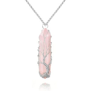 Tree of Life Crystal Necklace, Wire Wrapped Natural Stone Reiki Healing Jewelry Rose Quartz-Silver - 1 of 4
