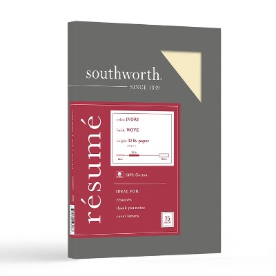 Southworth 100% Cotton Résumé Paper, 8.5" x 11", 32lb, Wove Finish, Ivory, 75 Sheets