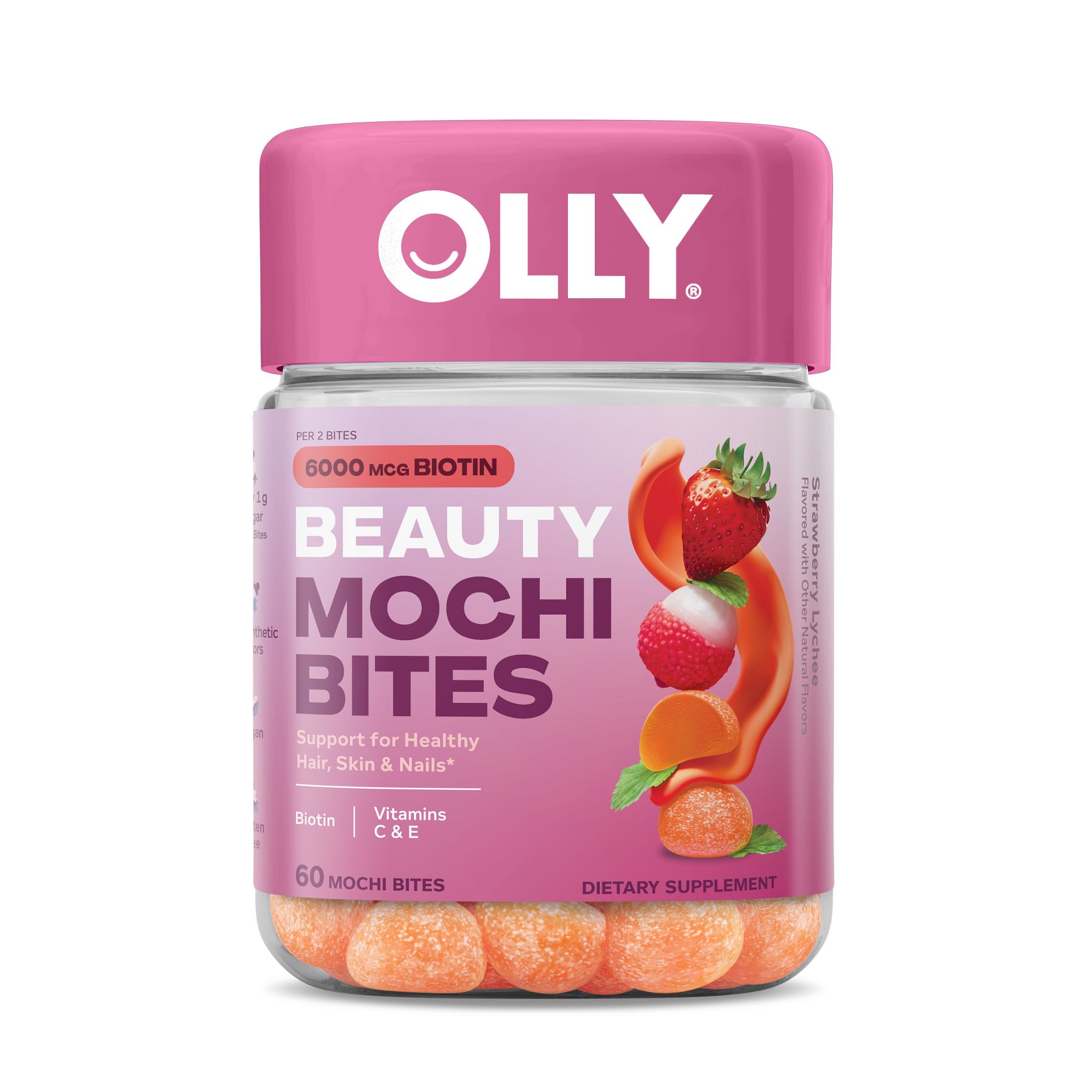 OLLY Mochi Beauty Bites with Biotin, Vitamin C & E for Hair, Skin & Nails - Strawberry Lychee - 60ct