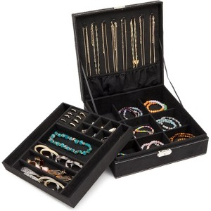2-Layer Jewelry Box with Lock, Black Velvet Travel Organizer for Earrings & Necklaces, 10.5x10.5x3.5 Inches - 1 of 4