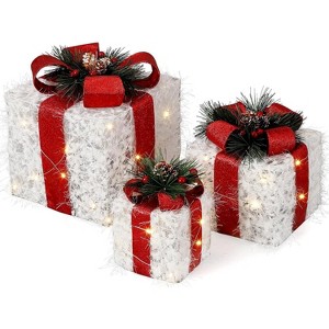 Set of 3 Prelit  Christmas Lighted Gift Boxes with 60 Warm White Led Lights,Lighted Up Xmas Presents Ornament Holiday Display for Tree Yard Decor - 1 of 4