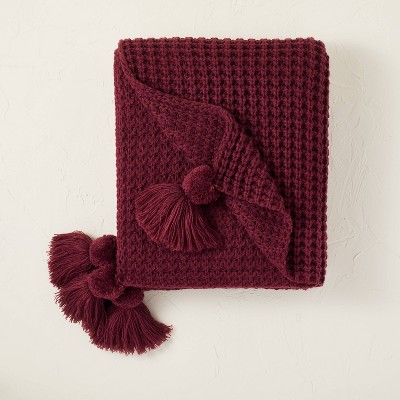 Knit Throw Blanket with Pom-Poms and Trimmed Tassels Burgundy - Opalhouse™ designed with Jungalow™