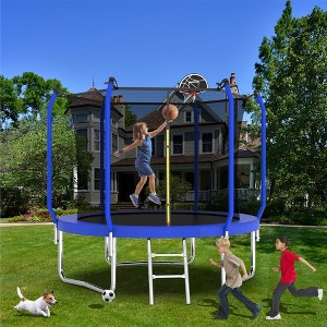 Whisen Kids’ Trampoline with Safety Enclosure Net, Foam Padded Poles, W-Shaped Legs,  Ladder and Basketball Hoop - Blue - 1 of 4