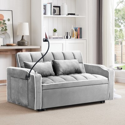 MAYEERTY Functional 3-Length Sofa Bed - Velvet, USB/Ashtray, Light Grey - Apartment Ready