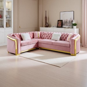 106" Velvet L-Shaped Chesterfield Sectional Sofa with 5 Pillows - 1 of 4