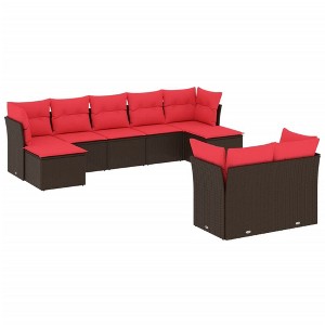 vidaXL 10 Piece Garden Sofa Set with Cushions Poly Rattan - Brown and Red Without Table - 1 of 4