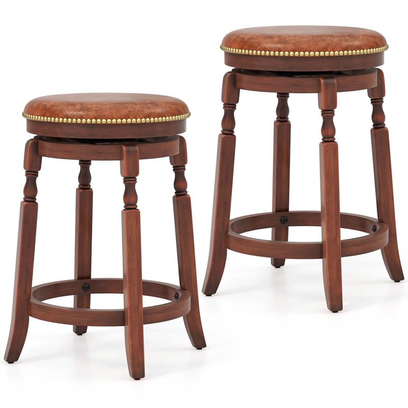 Costway 24" Swivel Bar Stool Set of 2/4 with Upholstered Seat & Rubber Wood Frame Round Walnut, 1 of 8