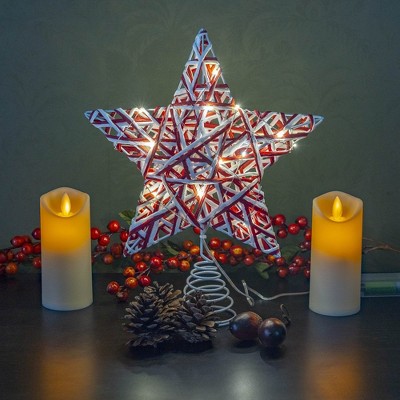 Red and White Rattan Star Tree Topper with LED Lights
