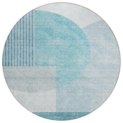 Teal Blue And Silver Geometric Washable Indoor Outdoor Area Rug