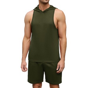 Clearlove Men's Athletic Tracksuit Set Sleeveless Hooded Tanks Tops Sweatsuit 2 Piece Casual Sports Shorts Set - 1 of 4