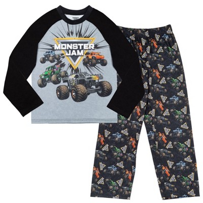 Monster Jam Megalodon Grave Digger Maximum Destruction Pajama Shirt and Pants Sleep Set Black / Gray 