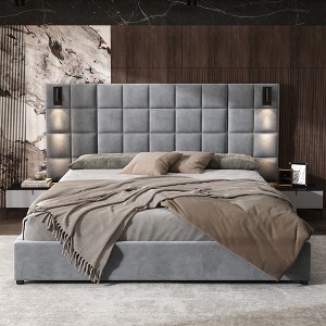 Christopher Knight Home Wesson Modern Upholstered Velvet Bed with Reading Lamp and USB Ports - 1 of 4