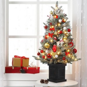 3ft Artificial Christmas Tree w/ Warm White Led Lights, Pre-Lit Christmas Tree w/Snowflakes and Red Berries, Christmas Tree with Base - 1 of 4