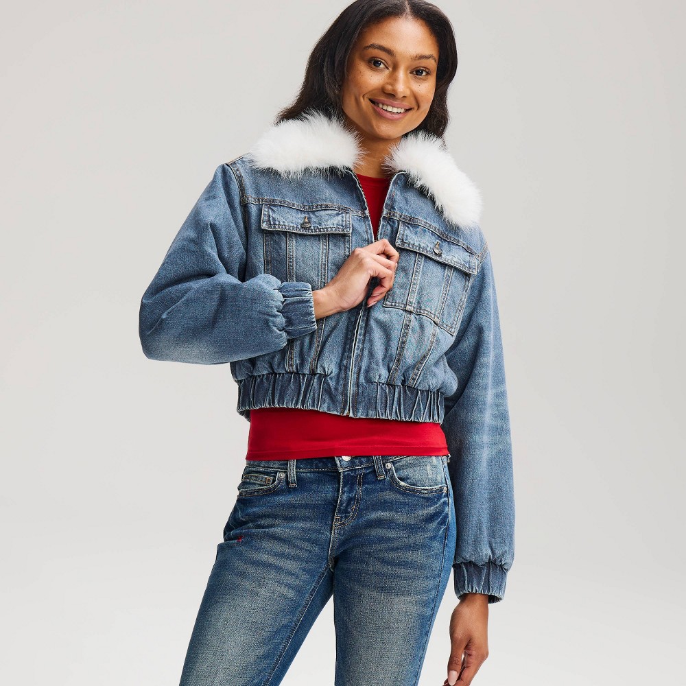 Women's Denim Padded Faux Fur Jacket - Wild Fable™ Blue Denim S