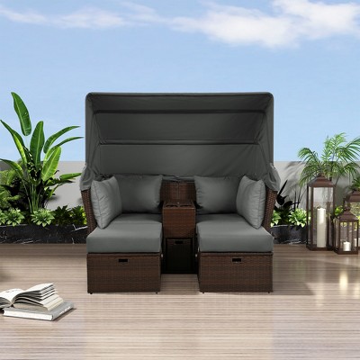 YOOCOZZ 2-Seater Outdoor Daybed with Foldable Awning & Cushions