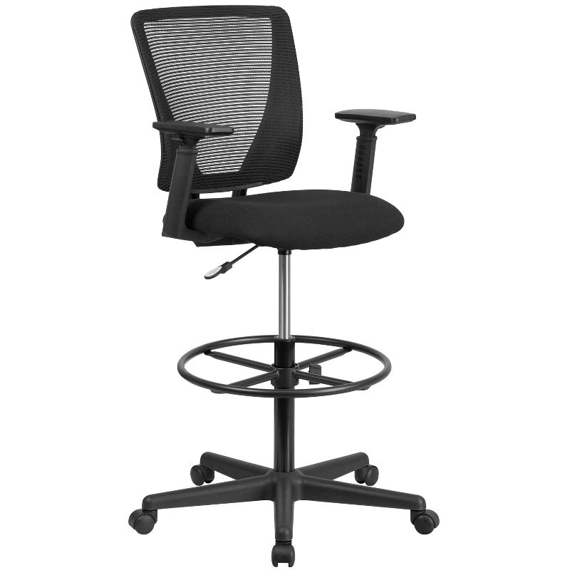 Flash Furniture Ergonomic Mid-Back Mesh Drafting Chair with Black Fabric Seat, Adjustable Foot Ring and Adjustable Arms, 1 of 12