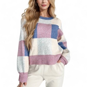 Amaryllis Women's Color Block Plaid Checkered Long Sleeve Sweater Cozy Knit Relaxed Fit Statement Design - 1 of 4