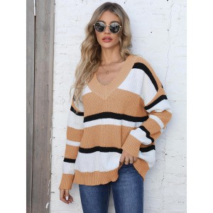 Women Casual Striped Sweater Tops Long Sleeve Shirts V Neck T Shirts Fall Tunic Blouse - 1 of 4