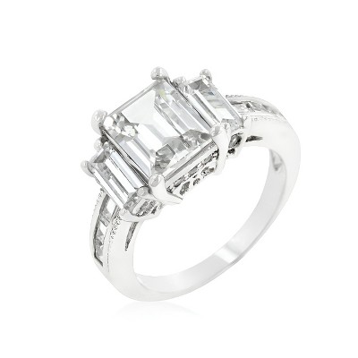 Slickblue Women's Emerald Cut Triplet Engagement Ring, Clear CZ with Rhodium Plating, Size 5-10