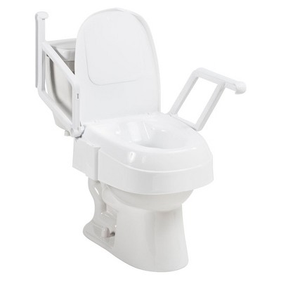 Drive Medical PreserveTech Universal Polypropylene Raised Toilet Seat with Pivoting Armrests and Lid with Recessed Grip, White