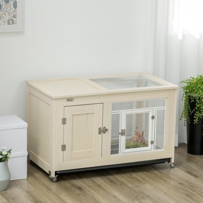 White Pinewood Indoor Guinea Pig Hutch with Wheels