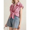 Womens Button Down Shirts Short Cap Sleeve Summer Cotton V Neck Collared Stripes Blouses Casual Plaid Tops - 4 of 4