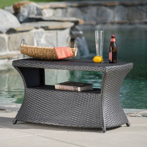 34" Wicker Outdoor Side Table with Storage Shelf and Umbrella Hole for Patio or Poolside Lounge-Cuddlewood - 1 of 4