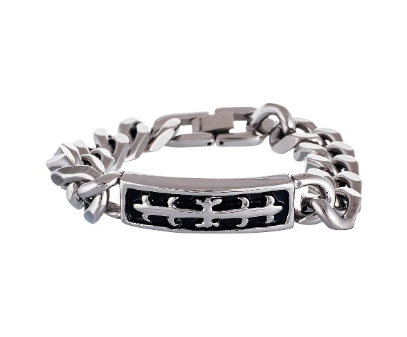 Men's Silver-Tone Stainless Steel Curb Chain With Black Center Identification Flower Band Bracelet