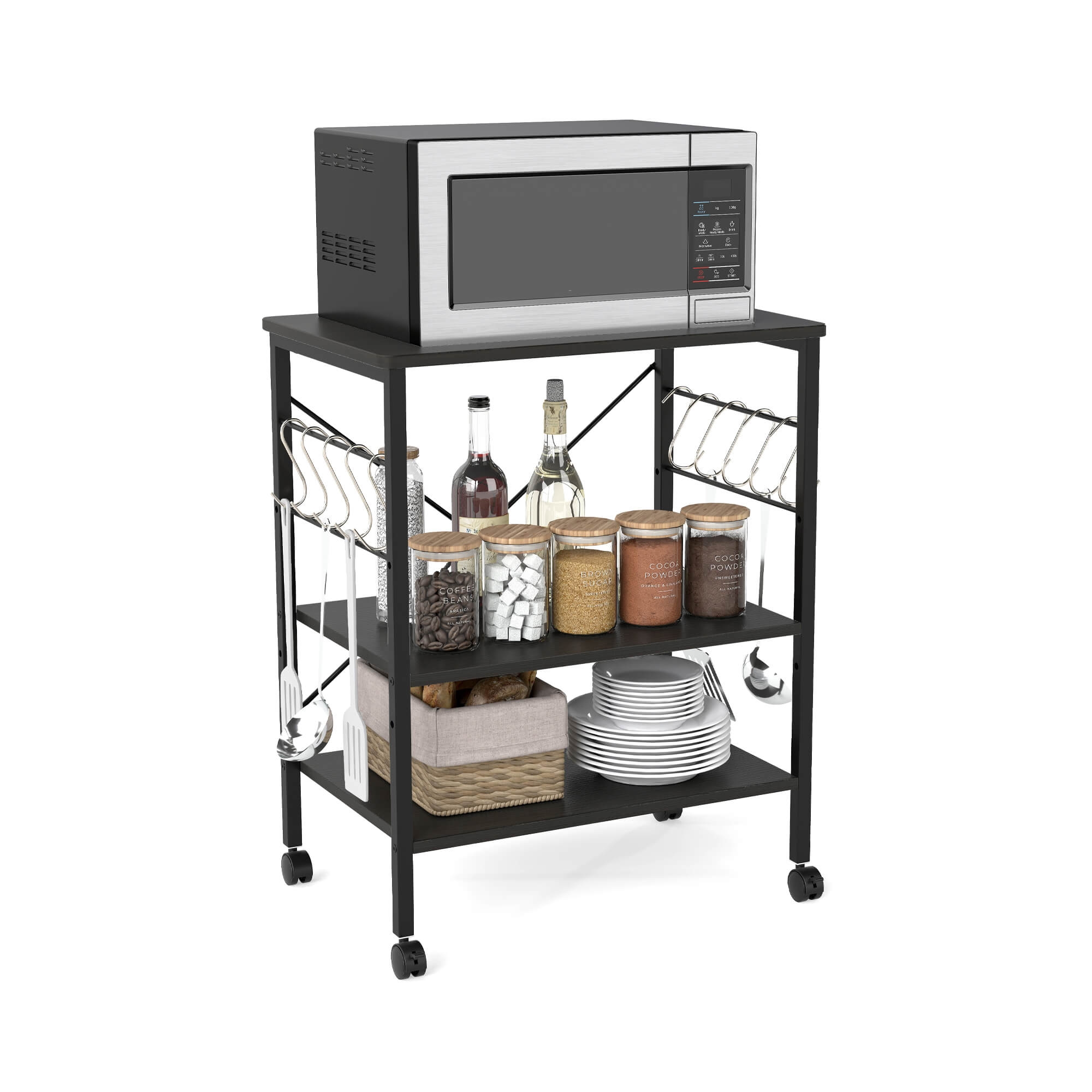 Costway 3-Tier Baker's Rack Utility Serving Cart with 10 Removable Hooks, Lockable Casters