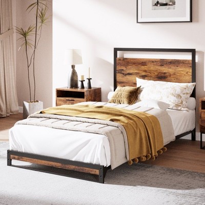 Whizmax 6 Inch Twin Metal Platform Bed Frame with Wooden Headboard and Footboard, Mattress Foundation, Easy Assembly, Rustic Brown